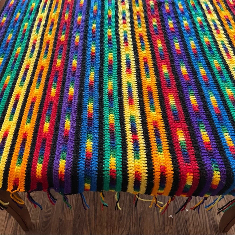 Handmade Crochet Afghan Throw Blanket Rainbow Striped Fringe Boho Retro